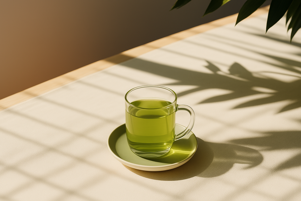 Photo lumineuse d'une tasse de thé vert dans une assiette, posée sur une table avec une nappe blanche. Des reflets de plantes se voient sur la nappe grâce à l'emplacement du soleil. 