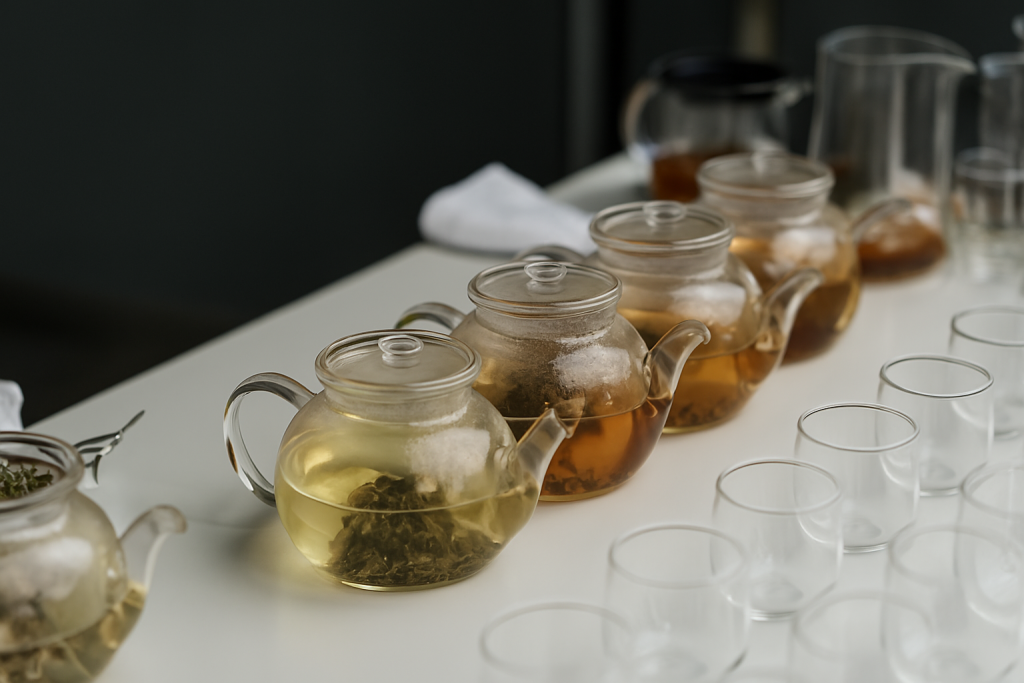 Des théières chaudes les unes à côté des autres sur une table, contenant du thé vert et du thé noir. Des verres sont devant les théières. 